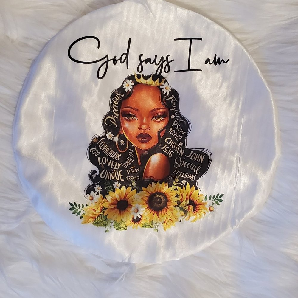 Women's Sunflower Faith Religious Design Hand Printed Satin Custom Hair Bonnet
